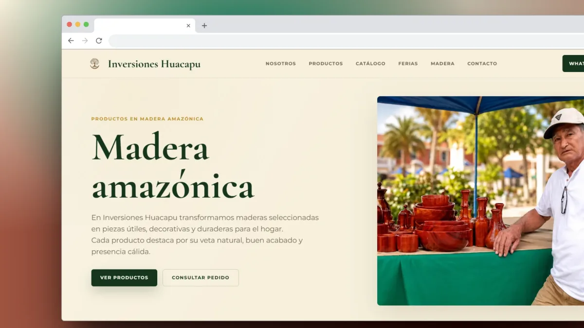 Portada de la web de Inversiones Huacapu con productos de madera amazónica